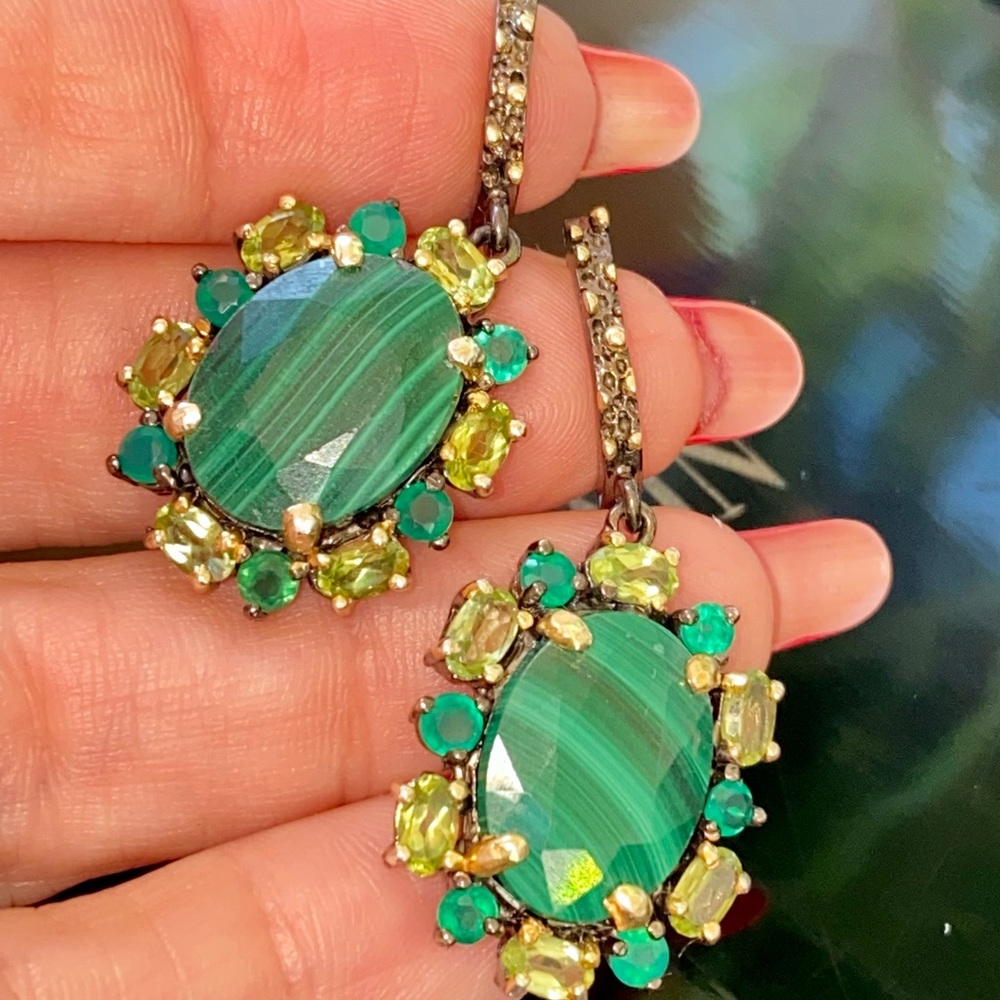 Royal Genuine Malachite Earrings with Gemstone Accents - Picture 12 of 14
